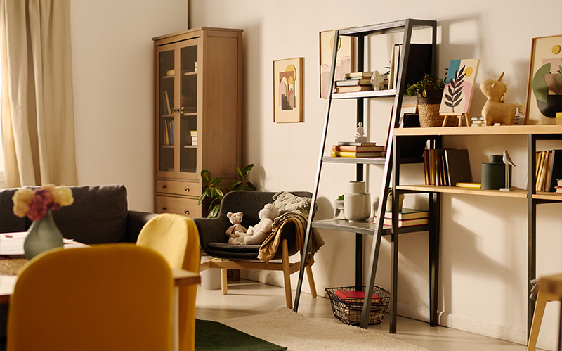 Cozy living room styled with warm wood furniture.