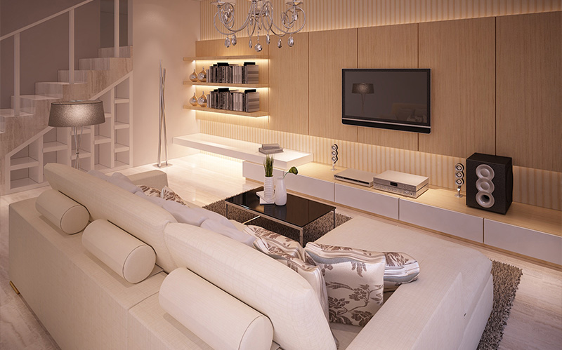 Elegantly designed living room featuring built-in wooden wall panels and warm ambient lighting.